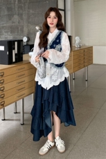 民族风刺绣牛仔马甲套装女2025年春秋季新款上衣半身裙时尚三件套，女装套装/套裙，2C169