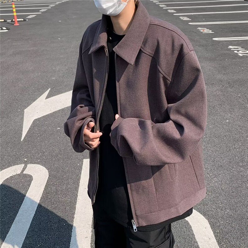 英伦风春季新款纯色垫肩翻领夹克男复古宽松百搭上衣-网络图,男装夹克,星座1002-2