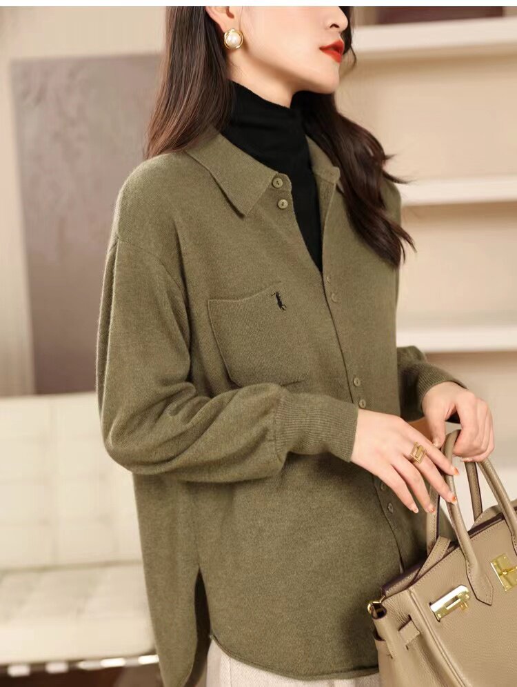 现货秋季新款休闲风Polo领针织衫复古刺绣长袖上衣女,针织衫/毛衣,半城羊绒