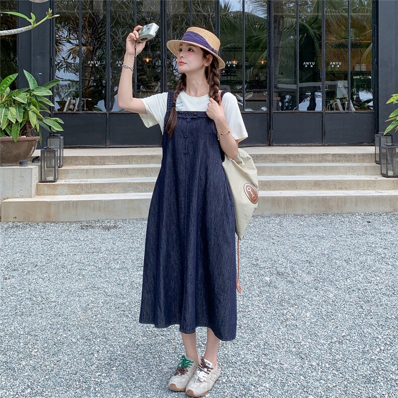 韩系高级感气质百搭显瘦牛仔背带连衣裙女夏季新款宽松休闲裙子,女装背心吊带,2D076