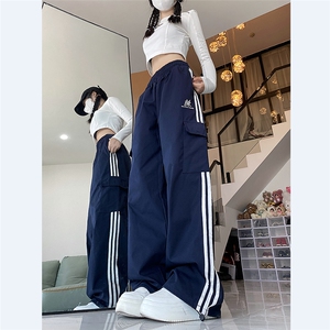 阔腿裤男女韩版潮流高街条纹拼色2024春季ins宽松长裤K4391-P43图片