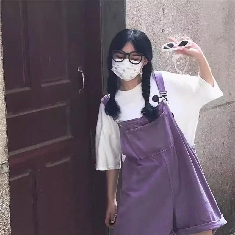 紫色牛仔背带短裤女夏季高腰直筒小个子减龄阔腿五分连体裤ins潮,男装牛仔裤,星座506A
