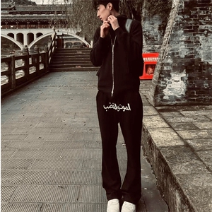 美式高街潮牌男女运动休闲裤直筒宽松慵懒显瘦印花休闲卫裤子图片