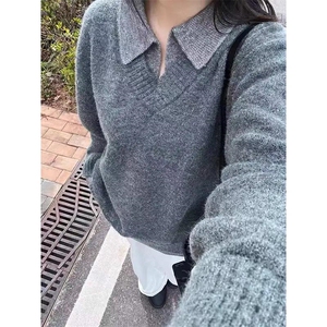 重磅北极绒假两件衬衫领毛衣美式高街复古休闲慵懒纯色翻领针织衫图片