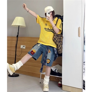 复古汉堡薯条毛巾绣牛仔短裤男女宽松夏季2025新款直筒阔腿五分裤图片
