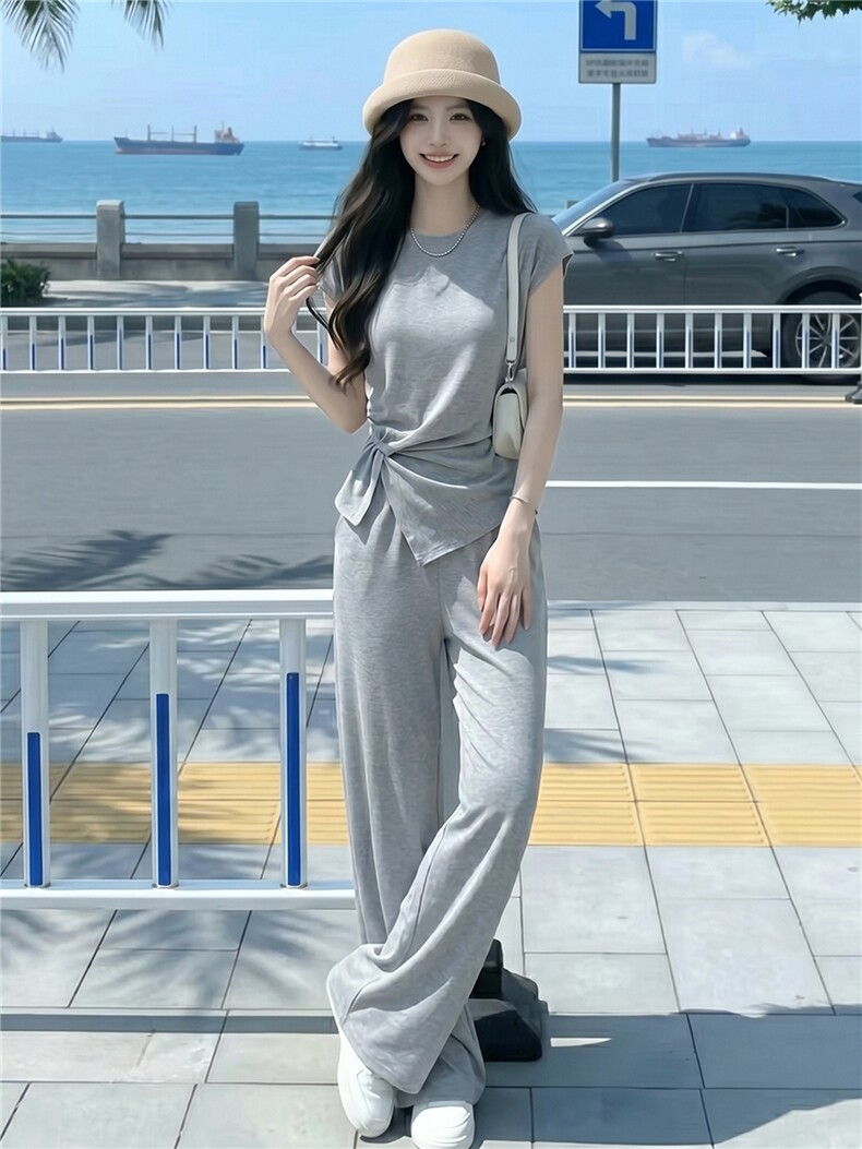 设计感时尚气质套装女夏季款圆领褶皱开叉短袖上衣阔腿长裤两件套,女装套装/套裙,江南