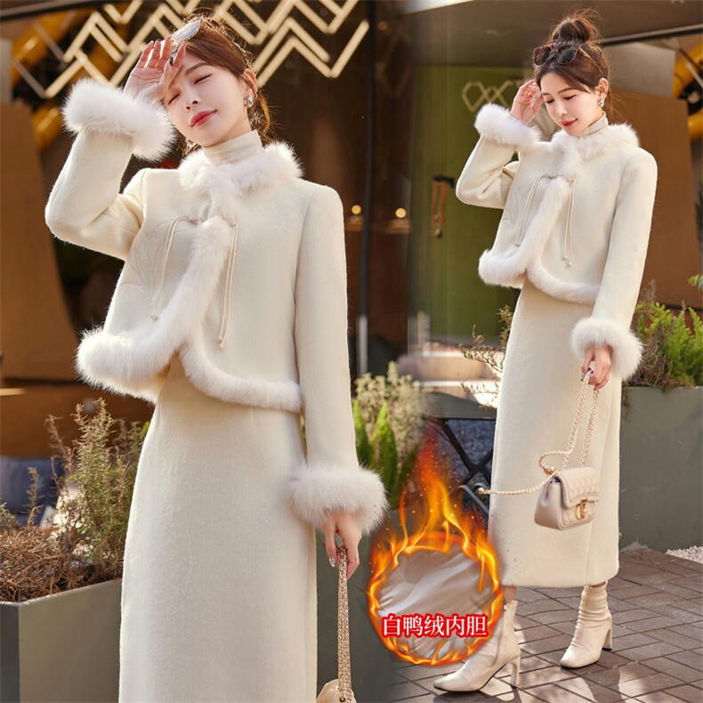 【bao款现货】2024新款冬装真狐狸毛盘扣刺绣新中式套装羽绒服,女装羽绒服,雅静靓衣