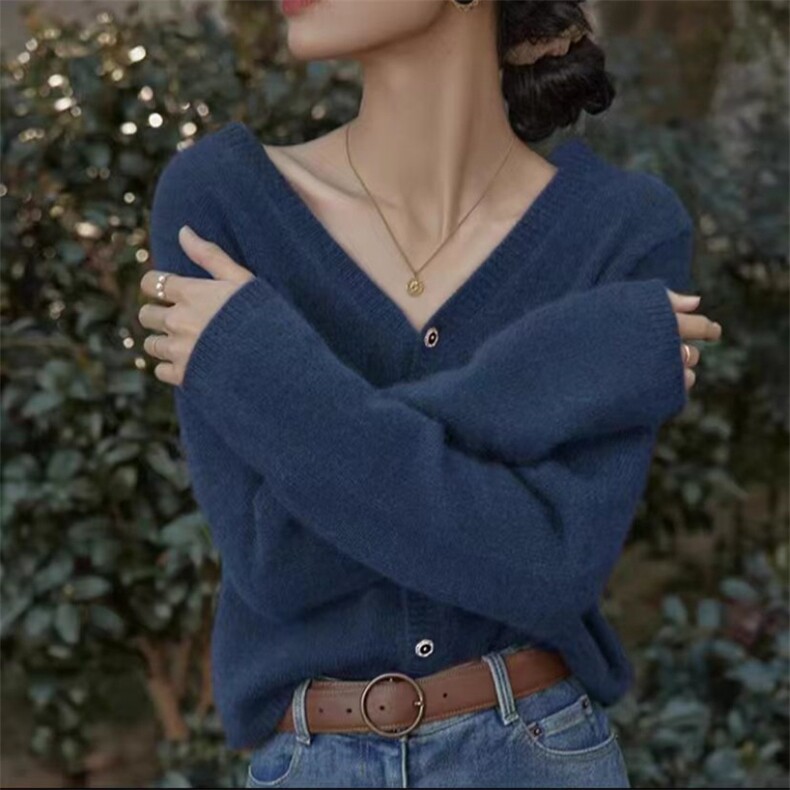 秋冬新款羊毛V领优雅淑女开衫显瘦百搭时尚外套,女装羊毛衫,锦瑟羊绒