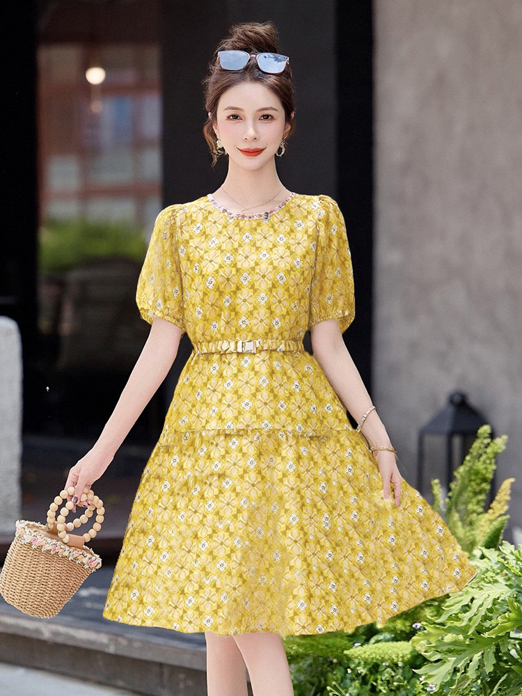碎花连衣裙女2025年夏季新款小个子洋气时髦收腰显瘦中长款A裙子,女装连衣裙,韩宇舍