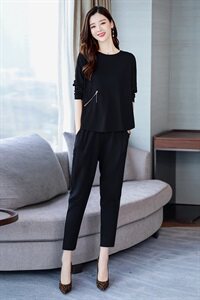 2024年春季时尚潮流舒适简约个性纯色短款长裤套装图片