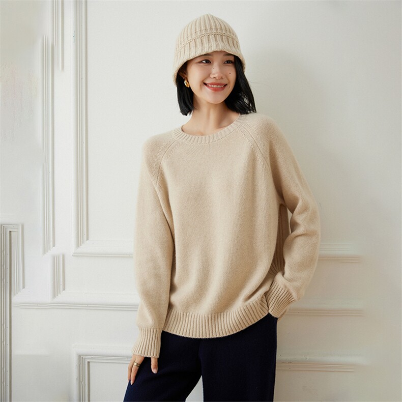 2025春秋新款羊绒衫女100纯山羊绒加厚保暖圆领上衣纯色针织套衫,饰品帽子,江帆羊绒