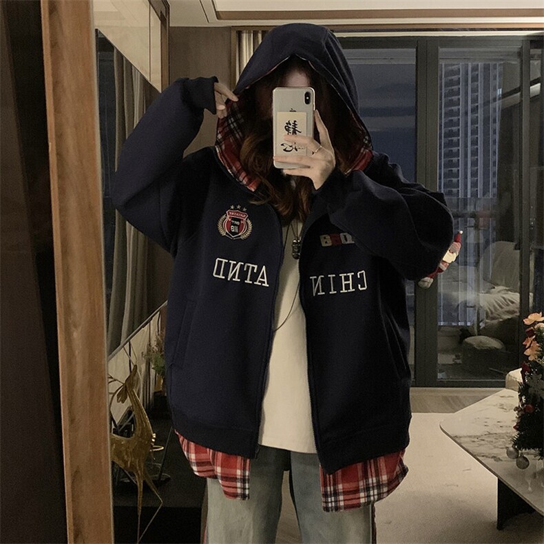 C951-P100拼接格子假两件连帽上衣2025女秋冬款高级拉链双层外套,男装棉衣,星座911-2(原星座613-2）