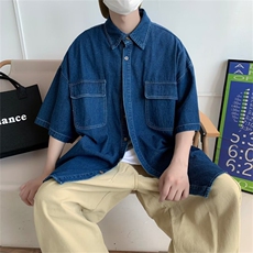 港风复古牛仔衬衫男夏季新款短袖衬衣宽松休闲工装外套W3431-P40，男装衬衫，星座512-2