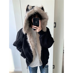 卡通毛领棉服男女冬季新款潮牌休闲座山雕外套百搭情侣棉衣MF308图片