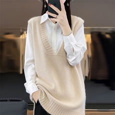 中长款100%纯羊毛马甲女V领前短后长开叉毛衣背心叠穿羊绒衫坎肩，女装马甲，美雪羊绒