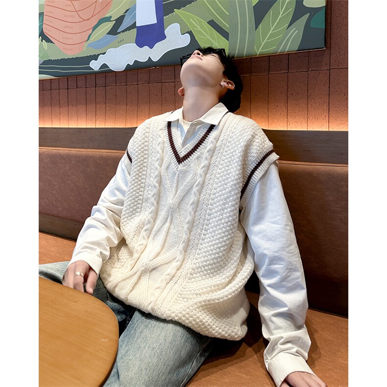 日系复古学院风V领针织马甲秋冬季休闲外搭麻花毛衣背心,男装背心/马甲,星座410-7