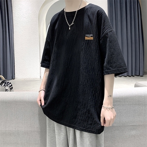 YT26350-P30亚麻短袖t恤男大码五分袖男宽松七分袖大皂风模特,绒毛白色外套穿搭女秋冬图片