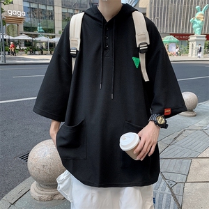 夏款男连帽T恤华夫格工装大口袋贴标宽松五分袖外套T245 P38图片