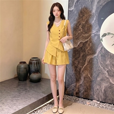 时尚气质减龄套装女夏季新款不规则无袖马甲上衣阔腿短裤两件套潮，女装套装/套裙，江南