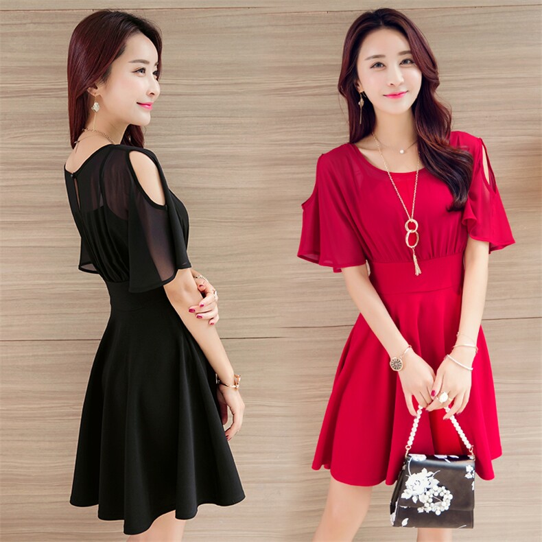时尚韩版圆领高腰修身漏肩蝙蝠袖甜头A字连衣裙，女装连衣裙，贵人树