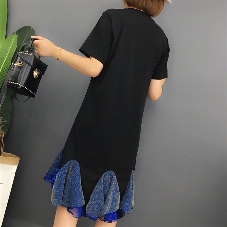 T恤圆领纱网拼接印花2021年夏季短袖中长款时尚韩版潮流图案,女装T恤,诗贝淇