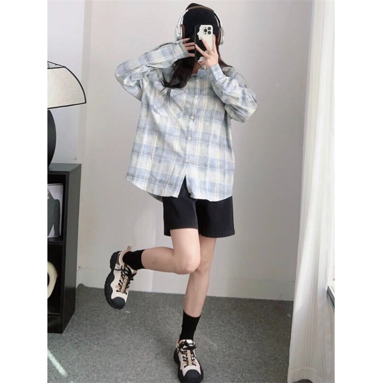 TC704-P45夏日小清新清爽蓝色格纹衬衣2026新款宽松防晒外套，女装衬衫，星座617A-2