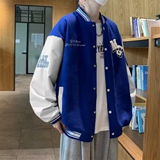 棒球领夹克宽松上衣毛巾绣毛呢上衣拼皮黑/蓝M-3XLJ501，男装夹克，星座1116A-1（原606A）