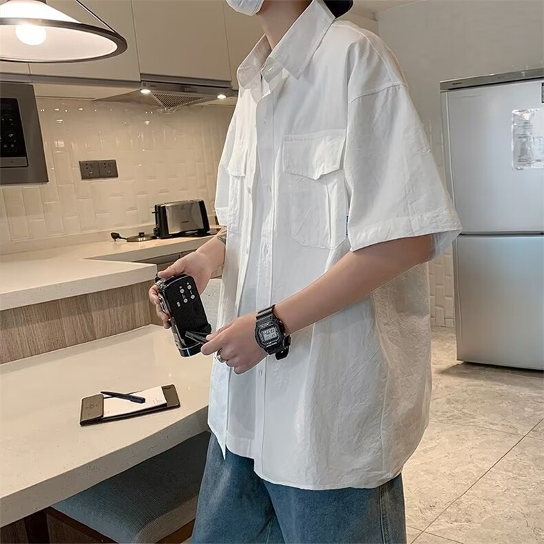 工装短袖衬衫男士夏季2023新款美式潮牌潮流白色衬衣CS57P33,男装衬衫,星座1116-2