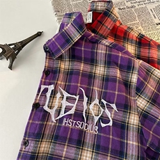 美式复古红色格子短袖衬衫男女夏季hiphop小众宽松刺绣衬衣外套潮，男装衬衫，星座716-4