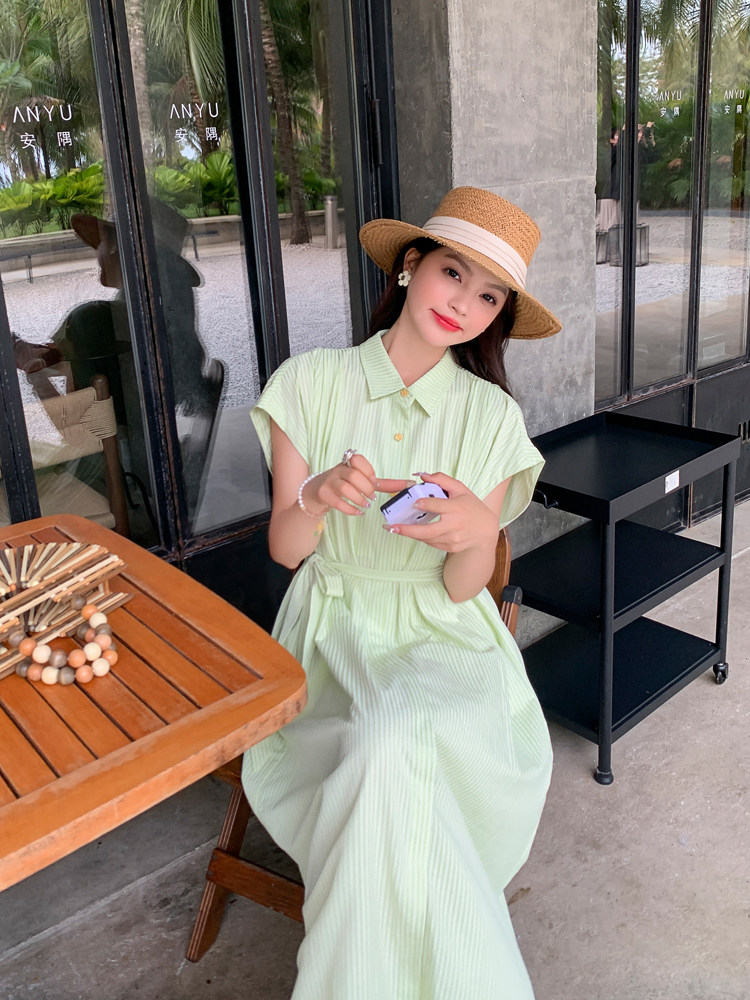 2024新款条纹绿色衬衫连衣裙【现货】082-3632P125K178,女装连衣裙,浙宝192（原082）
