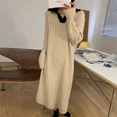 2025年秋季新款百搭女士衬衣领麻花保暖长裙，女装连衣裙，新胜羊绒