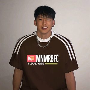 夏季美式高街重磅纯棉三条杠织带撞色男女短袖T恤ZD571-特P30图片