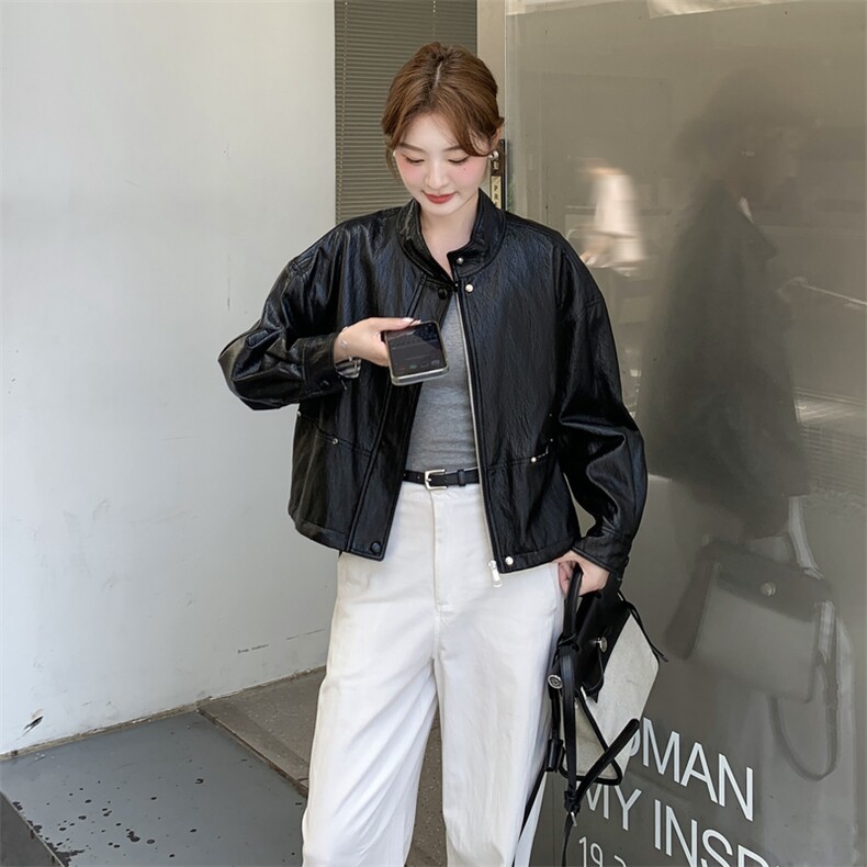 减龄条纹拼接短皮衣外套女春秋2025新款小个子流行爆款独特超好看,女装皮衣,2D013