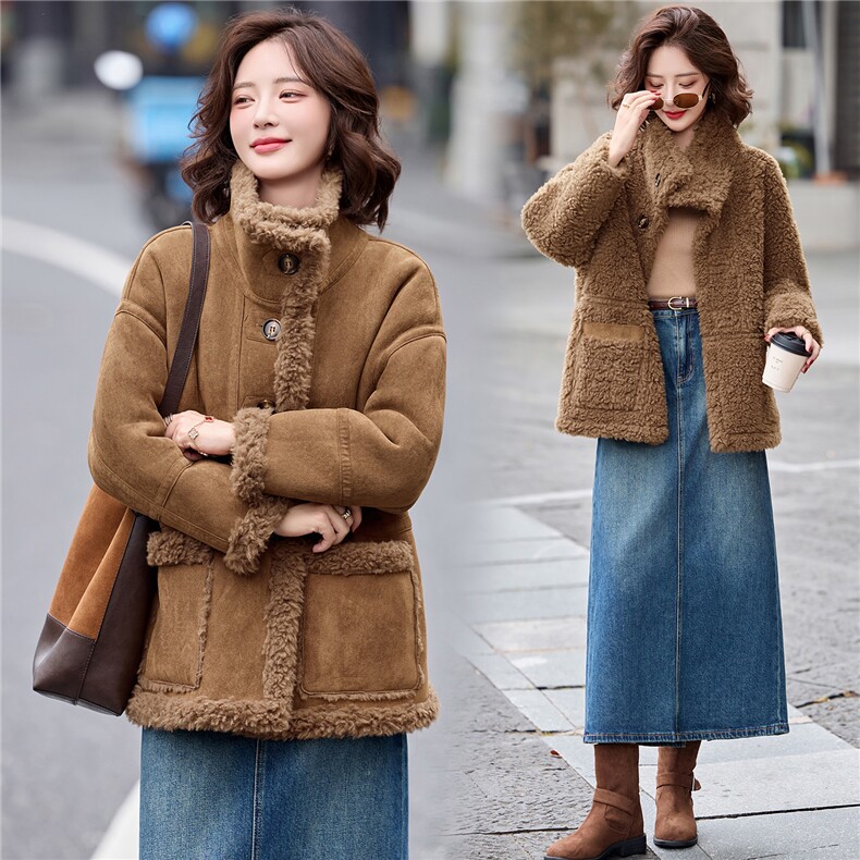 2025年秋冬新款羊羔毛皮毛一体外套正反面两穿，女装羊羔毛/颗粒绒，鑫鑫美