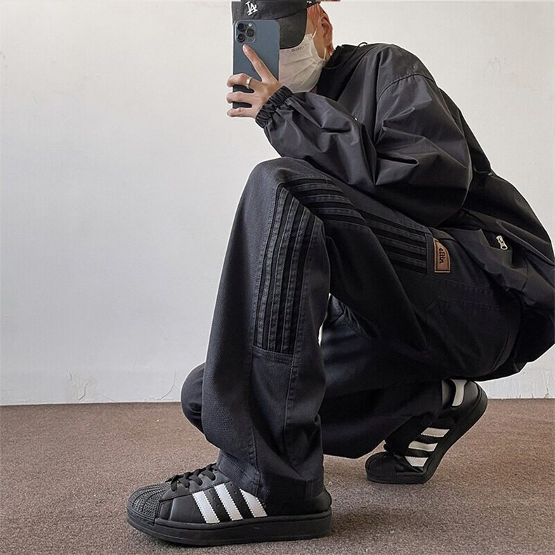 美式vibe高街运动卫裤男款秋季复古条纹潮牌阔腿裤情侣直筒长裤子,男装牛仔裤,星座506A