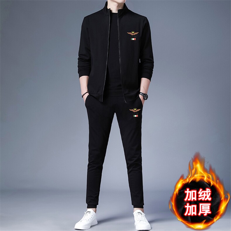 男装套装男士卫衣2023春秋冬款加绒加厚上衣中年宽松运动裤三件套图片