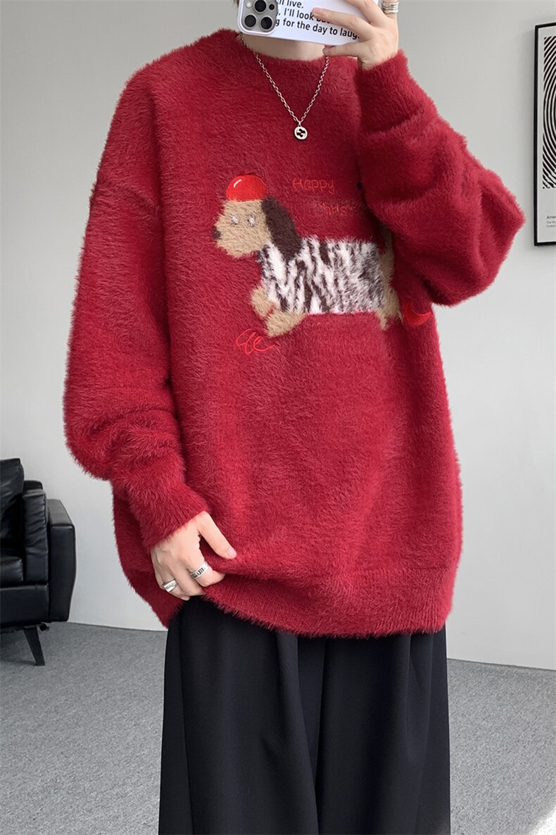 腊肠狗情侣毛衣男酒红色本命年针织衫男高级感线衫MY1222-P68,男装针织衫/毛衣,电商D206-1