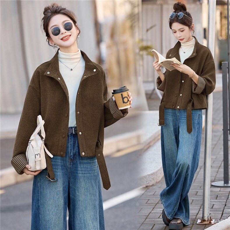 格纹拼接袖休闲立领短款外套女2025秋冬新款宽松百搭显瘦气质上衣，女装短外套，罗腾