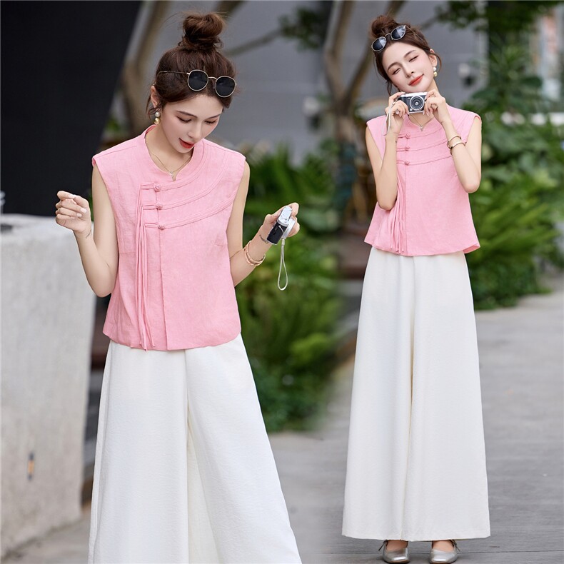 现货209-3277-P155-K218新款新中式夏季盘扣阔腿裤两件套,女装套装/套裙,韩蜜菓