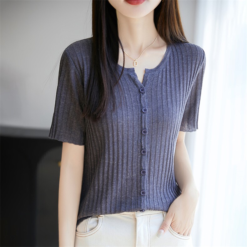 针织开衫女2025新款薄款短袖夏季圆领防晒开衫薄纱夏天空调衫外搭,女装T恤,暖烁特种纱工厂店