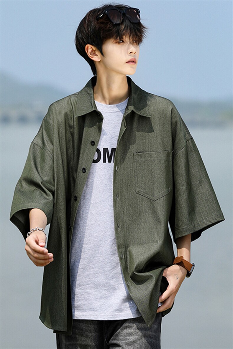 8XL-M冰丝牛仔短袖衬衫男款夏季薄款宽松慵懒衬衣外套DC28006P60,男装T恤,电商B312