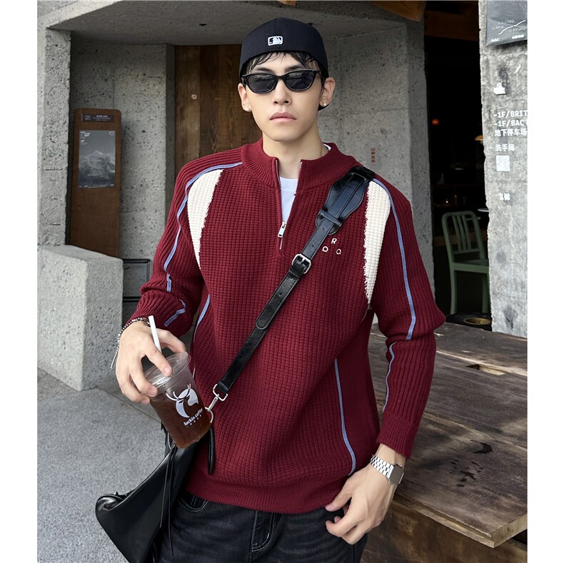 美式撞色半拉链毛衣外套男女秋冬新款宽松套头长袖针织衫,男装针织衫/毛衣,电商C307
