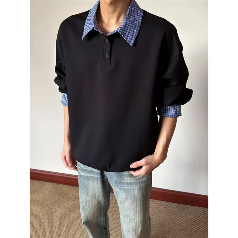 网图有货美式复古miu系假两件polo衫长袖男女宽松上衣A996-P48，男装卫衣，星座1505