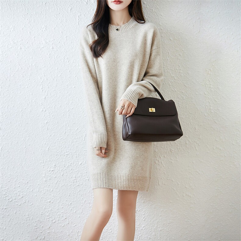 2025百搭时尚简约七针中长圆领羊毛衫，女装连衣裙，越洋羊