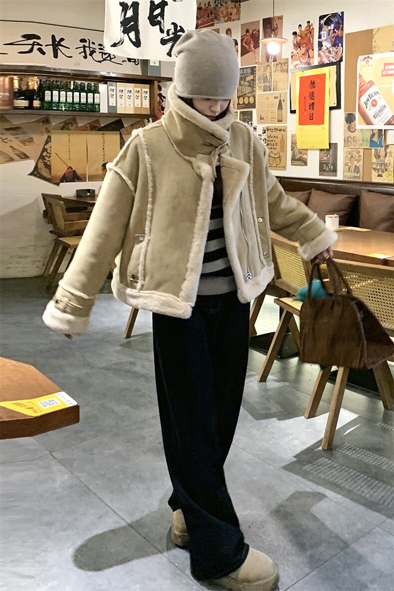 现货卡绿色皮毛一体羊羔毛加厚外套7687-P195-K278,女装皮草,2C159
