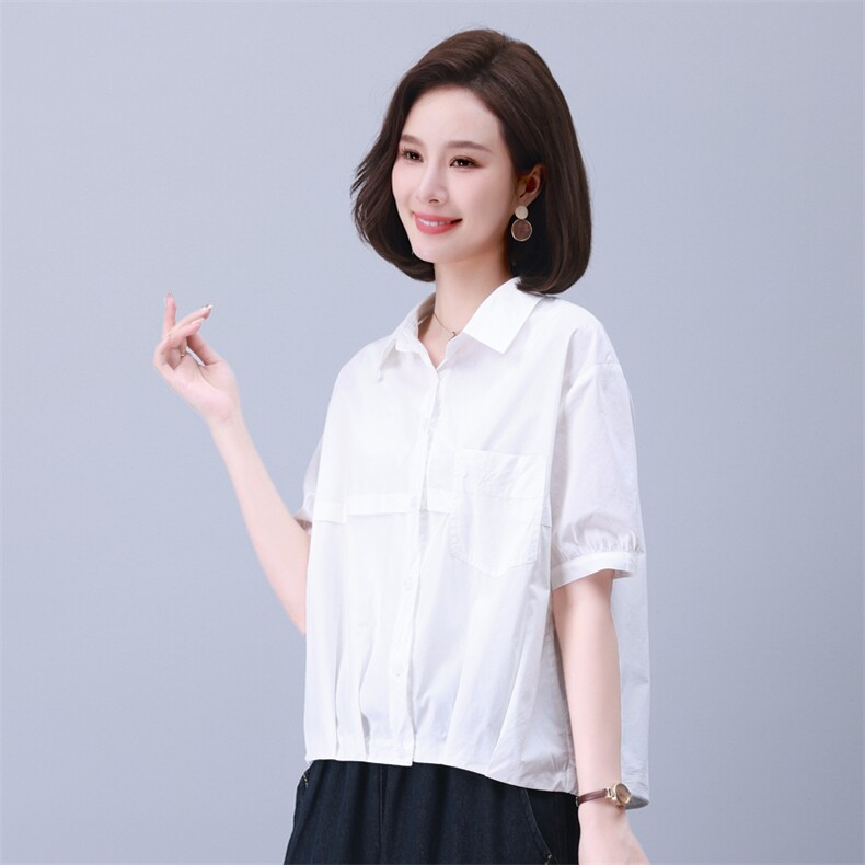 时尚宽松休闲抽绳上衣女短袖衬衫百搭显瘦气质衬衣,女装衬衫,叶笙衣