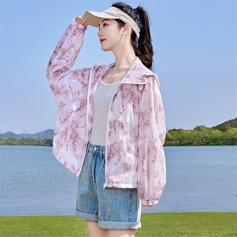 2025年夏季新款防晒服短款印花连帽薄款防晒休闲款防晒衣拉链外套，女装防晒衣，蝶眷
