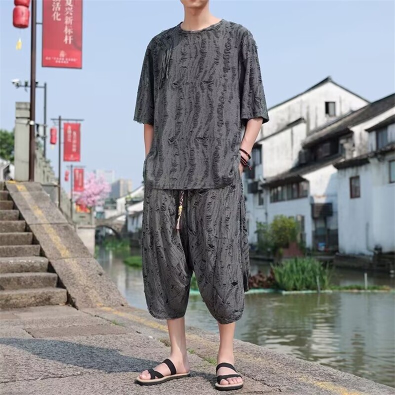 主推款风套装夏季薄款潮流设计感大码宽松休闲短袖长裤两件套男,男装休闲套装,星座218-1（原230）