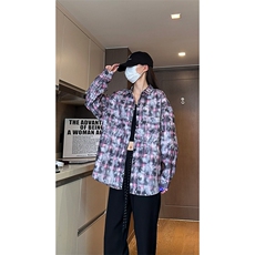 现货早秋高街做旧紫格子长袖衬衫女扎染衬衣外套男C18-P50-控78，男装衬衫，星座205-5