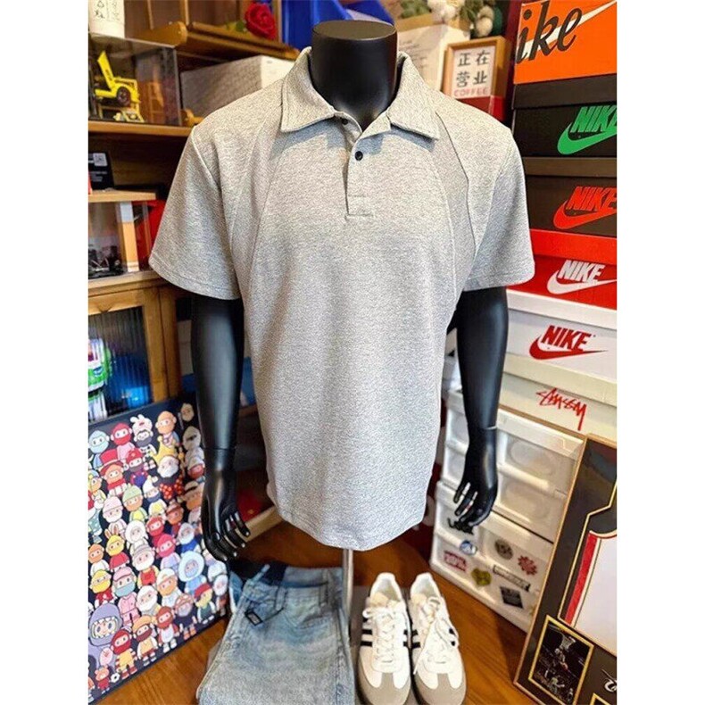 灰色美式复古polo衫短袖男款夏季拼接有领t恤高级感痞帅重磅半袖,男装Polo衫,星座603-2